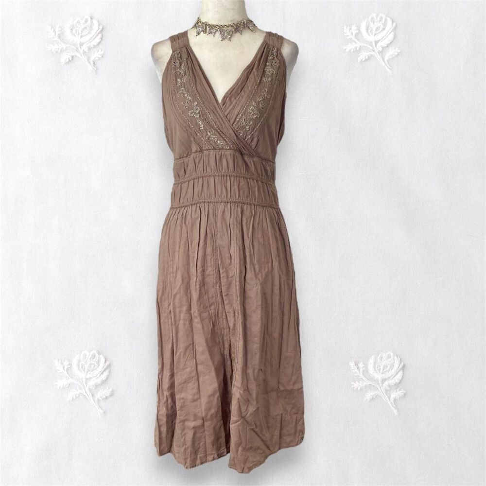 DKNY Jeans 100% Brown Cotton Early 2000's Beaded Boho Babydoll Dress XS